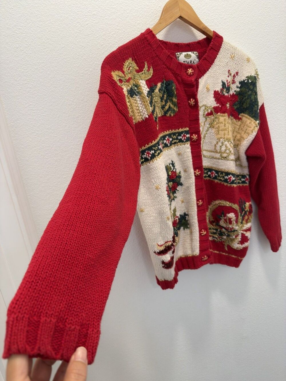 VTG Y2K Tiara International Christmas Cardigan Ugly Grandma Sweater S Patchwork - Picture 5 of 15